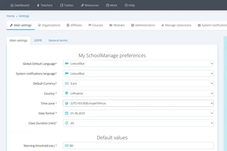 SchoolManage settings panel showing configurable features for school management software